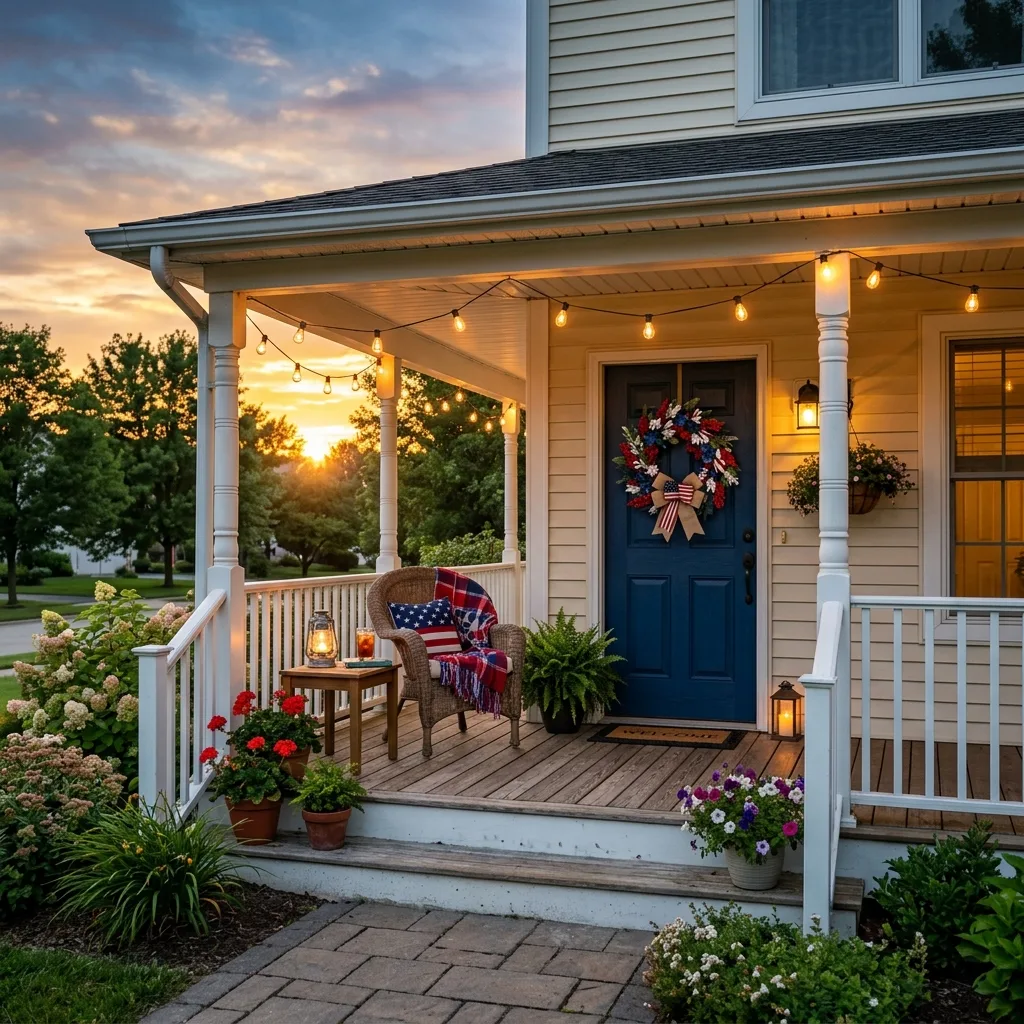 Patriotic wreath displayed on a front porch at sunset